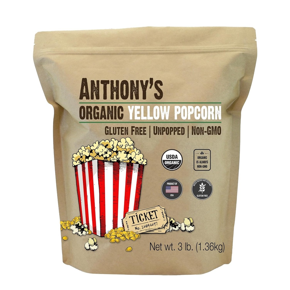 image:imageAnthonys Organic Yellow Popcorn Kernels 3 lb UnPopped Gluten Free Non GMO48 Ounce Pack of 1